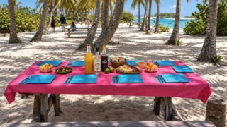 Table dressée sur la plage de Petite-Terre en Guadeloupe, sous les cocotiers.