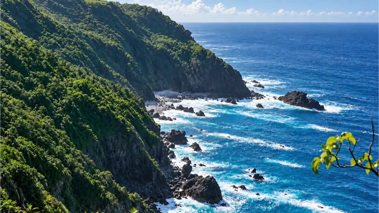 Falaises verdoyantes et côte escarpée de La Désirade surplombant la mer des Caraïbes