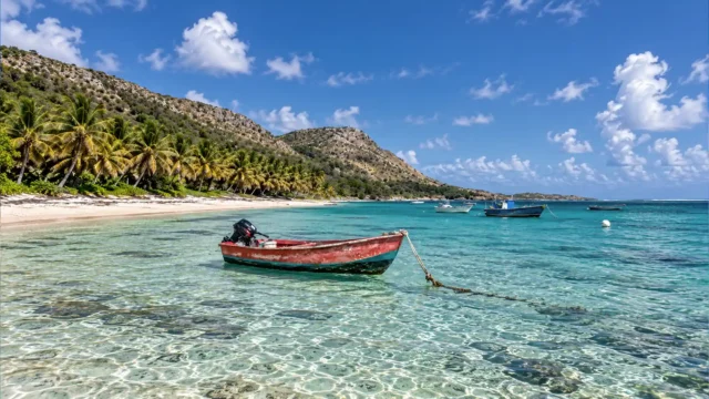 Bateau de pêche coloré amarré sur les eaux turquoise de La Désirade en Guadeloupe.