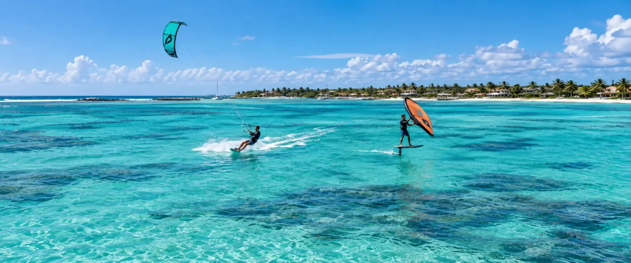 Kitesurfeur et wingfoiler dans le lagon turquoise de Saint-François en Guadeloupe